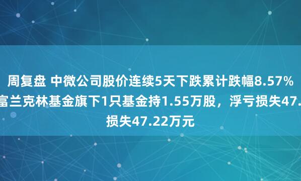 周复盘 中微公司股价连续5天下跌累计跌幅8.57%，国海富兰克林基金旗下1只基金持1.55万股，浮亏损失47.22万元